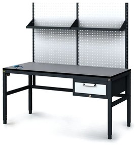 Alfa 3 Antistatický dielenský ESD stôl s perfopanelom a policami, 1 zásuvkový box na náradie, 1600x800x745-985 mm