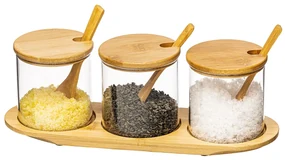 4home Sada sklenených dóz s podnosom a lyžičkami Bamboo, 310 ml