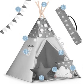 Detský stan teepee s girlandou a svetlami Nukido - sivý s hviezdičkami