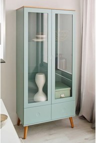 Zelená vitrína s detailmi v dekore dubového dreva Tenzo Dot, výška 175 cm