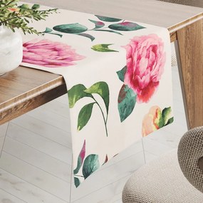 Biante Bavlnený behúň na stôl Sandra SA-715 Veľké ružovočervené pivonky na smotanovom 45x120 cm