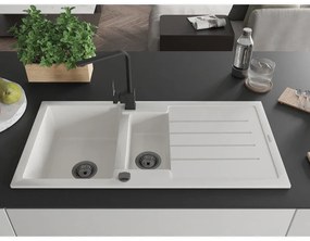 Mexen Andres, granitový drez 1000x500x200 mm, 1,5-komorový, biela s čiernym sifónom a čierna drezová batéria Rita, 6515-20-670300-70