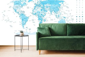 Tapeta detailná mapa sveta v modrej farbe - 225x150