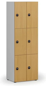Drevená šatníková skrinka s úložnými boxmi, 6 boxov, RFID zámok, sivá/buk