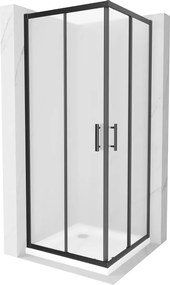 Mexen Rio, štvorcový sprchovací kút s posuvnými dverami 80(dvere) x 80(dvere) x 190 cm, 6mm sklo námraza, čierny profil + biela sprchová vanička SLIM, 860-080-080-70-30-4010B