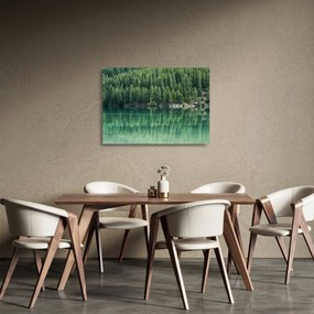 Sklenený obraz - Ihličnany pri jazere (70x50 cm)