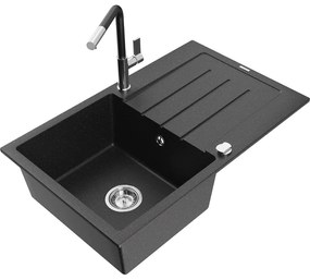 Mexen Bruno, 1-komorový granitový drez 795x495x200 mm a drezová batéria Flora, čierna-strieborná metalíza, 6513-73-670401-07