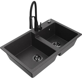 Mexen Tomas, 2-komorový granitový drez 800x500x190 mm a drezová batéria Aster, čierna škvrnitá, 6516-76-73450-70-B