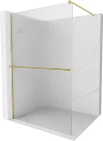 Mexen Kioto+, sprchová zástena Walk-In s poličkou a vešiakom 70 x 200 cm, 8mm sklo s rebrovým vzorom, zlatý matný profil, 800-070-121-55-09