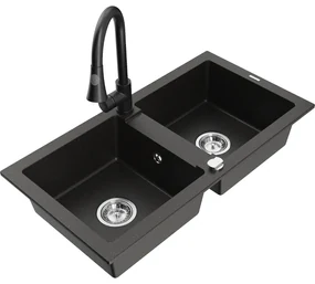 Mexen Mario, 2-komorový granitový drez 820x436x161 mm a drezová batéria Elia, čierna-zlatá metalíza, 6504-75-670101-70