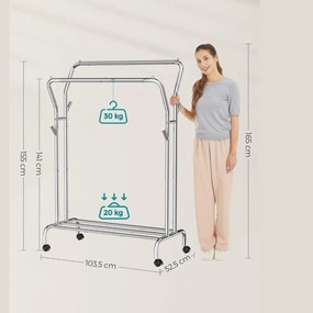 Stojan na šaty, s dvojitou tyčou a policou, kovový, strieborná farba