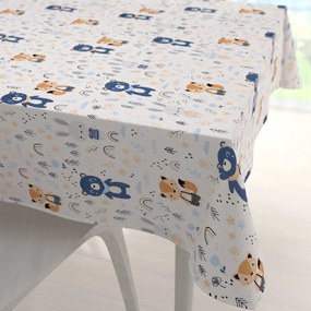 Biante Detský bavlnený štvorcový obrus Sandra SA-595 Modro-béžové lesné zvieratká na bielom 130x130 cm