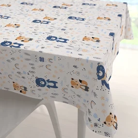 Biante Detský bavlnený štvorcový obrus Sandra SA-595 Modro-béžové lesné zvieratká na bielom 140x140 cm