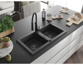 Mexen Mario, granitový drez 820x436x161 mm, 2-komorový a drezová batéria Aster, čierna škvrnitá, 6504-76-73450-70-B