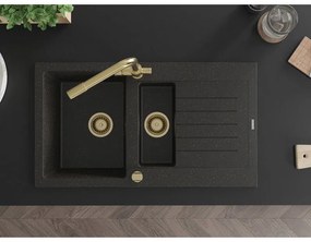 Mexen Matias, granitový drez 900x505x200 mm, 1,5-komorový a zlatá batéria Duero, čierna-zlatá metalíza, 6502-75-671600-50