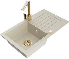 Mexen Pablo, granitový drez 752x436x161 mm, 1-komorový a zlatá batéria Rita, béžová, 6510-69-670300-50