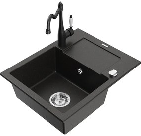 Mexen Enzo, granitový drez 576x465x174 mm, 1-komorový a drezová batéria Carla, čierna-zlatá metalíza, 6506-75-670700-70