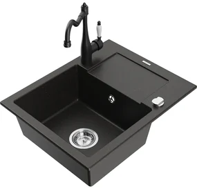 Mexen Enzo, granitový drez 576x465x174 mm, 1-komorový a drezová batéria Carla, čierna-zlatá metalíza, 6506-75-670700-70