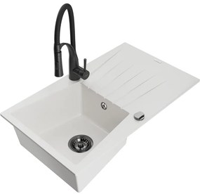 Mexen Cesar, 1-komorový granitový drez 775x470x190 mm a drezová batéria Aster, biela, 6514-20-73450-70-B