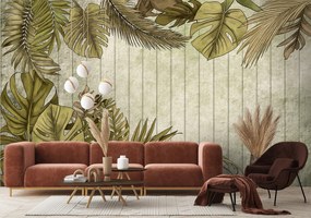 Gario Fototapeta Tropické listy na pozadí z dosiek Materiál: Vliesová, Rozmery: 350 x 245 cm