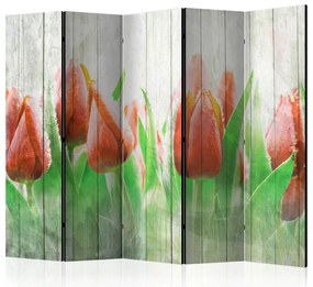 Artgeist Paraván - Red tulips on wood [Room Dividers]