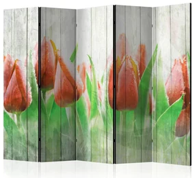 Artgeist Paraván - Red tulips on wood [Room Dividers]