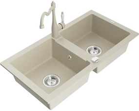 Mexen Mario, granitový drez 820x436x161 mm, 2-komorový a drezová batéria Carla, béžová, 6504-69-670700-69