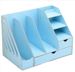 Drevený kancelársky organizér na dokumenty s 8 priehradkami a 2 zásuvkami modrý DIY 5-A Modrá