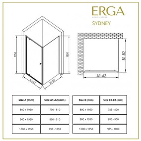 Erga Sydney, sprchový kút s 1-krídlovými dverami 80(dvere) x 90(stena) x 195 cm, 6mm číre sklo, čierny profil, ERG-V02-SYDNEY-D080G090-BK