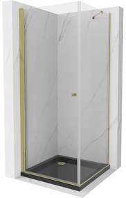 Mexen Pretoria, sprchovací kút 90 (dvere) x 90 (stena) cm, 6mm číre sklo, zlatý profil + čierna sprchová vanička, 852-090-090-50-00-4070G