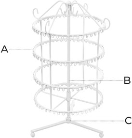 Kruhový stojan na šperky bez podstavca, 4 poschodia, kovový, biely