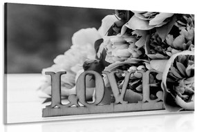 Obraz pivónie s nápisom Love v čiernobielom prevedení - 90x60