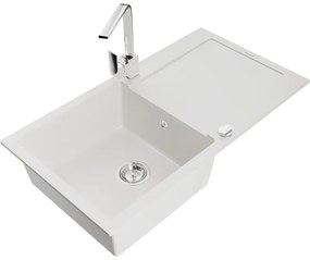 Mexen Leo, drez granitový 900x500x190 mm, 1-komorový, biely s chrómovým sifónom a chrómová drezová batéria Rita, 6501-20-670300-00