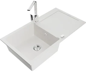 Mexen Leo, drez granitový 900x500x190 mm, 1-komorový, biely s chrómovým sifónom a chrómová drezová batéria Rita, 6501-20-670300-00