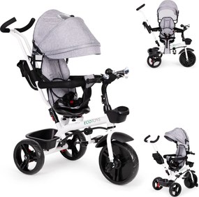 ECOTOYS otočná trojkolka 360° s strieškou, 5-bodovými pásmi, EVA kolesá, šedá