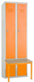 Kovová šatníková skrinka s lavičkou, 60 x 85 x 185 cm, sokel, otočný zámok, oranžová - ral 2004
