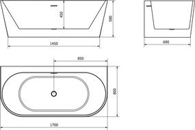 Mexen Oval+, voľne stojaca vaňa ku stene 170 x 80 cm, biela lesklá, brúsená oceľ, 52681708000-97