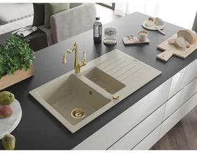 Mexen Matias, granitový drez 900x505x200 mm, 1,5-komorový a drezová batéria Carla, béžová, 6502-69-670700-50