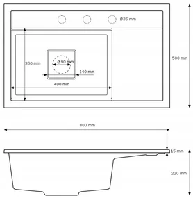 Gamma Quadro 8151, 1-komorový granitový drez 800x500x220 mm, čierna, GMA-ZLE000184