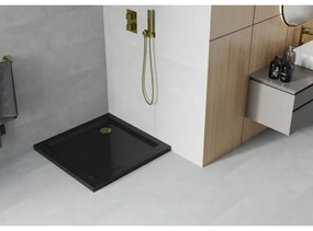 Mexen SLIM - Štvorcová sprchová vanička 80x80x5cm + zlatý sifón, čierna, 40708080G