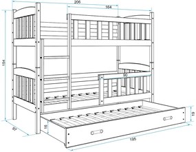 Poschodová posteľ s prístelkou KUBO 3 200x90 grafitová - modrá