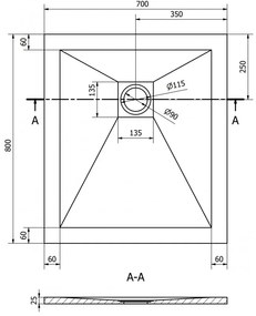 Mexen Stone+, obdĺžniková vanička z minerálneho kompozitu 80 x 70 cm, čierna, čierna krytka, 44707080-B