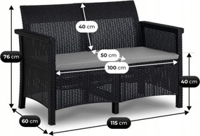 Záhradný nábytok NILO – Čierny/Sivý (2x kreslo, pohovka, stolík), technoratan, moderný štýl