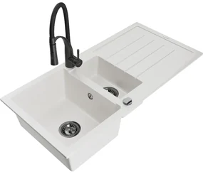 Mexen Andres, 1,5-komorový granitový drez 1000x500x200 mm a drezová batéria Aster, biela, 6515-20-73450-70-B