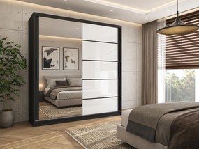 Šatníková skriňa 158 cm Belini čierny mat / biely lesk s posuvnými dverami zrkadlom a zásuvkami  MGB SZP7/0/B/1L5W/KLP