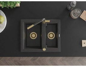 Mexen Carlos, 1,5-komorový granitový drez 582x475x177 mm a drezová batéria Flora, čierna škvrnitá, 6518-76-670401-75-G