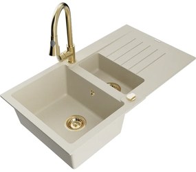 Mexen Matias, 1,5-komorový granitový drez 900x505x200 mm a drezová batéria Elia, béžová, 6502-69-670101-50