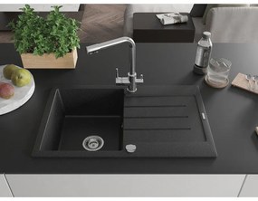Mexen Bruno, 1-komorový granitový drez s odkvapkávačom 795x495x200 mm a chrómová batéria Duero, čierna-strieborná metalíza, 6513-73-671600-00