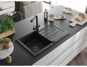 Mexen Bruno, 1-komorový granitový drez s odkvapkávačom 795x495x200 mm a čierna batéria Duero, čierna, 6513-77-671600-70-B