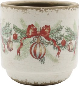 Béžový keramický kvetináč s vianočnými ozdobami Christmas Bow & Bauble – Ø 10*10 cm